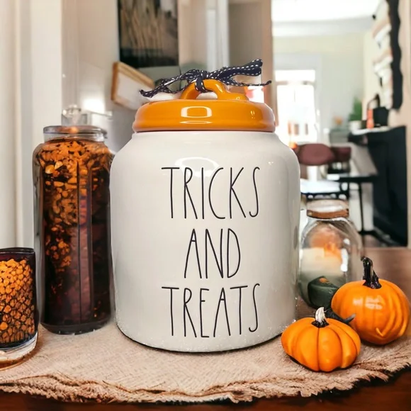 Rae Dunn Halloween Tricks and Treats White Cookie Jar Canister New - Picture 1 of 9